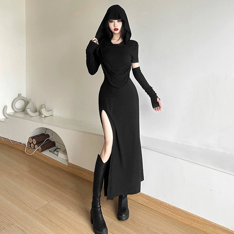 Dune Waste Soil Style Homemade Hooded Solid Color Bi Long Dress