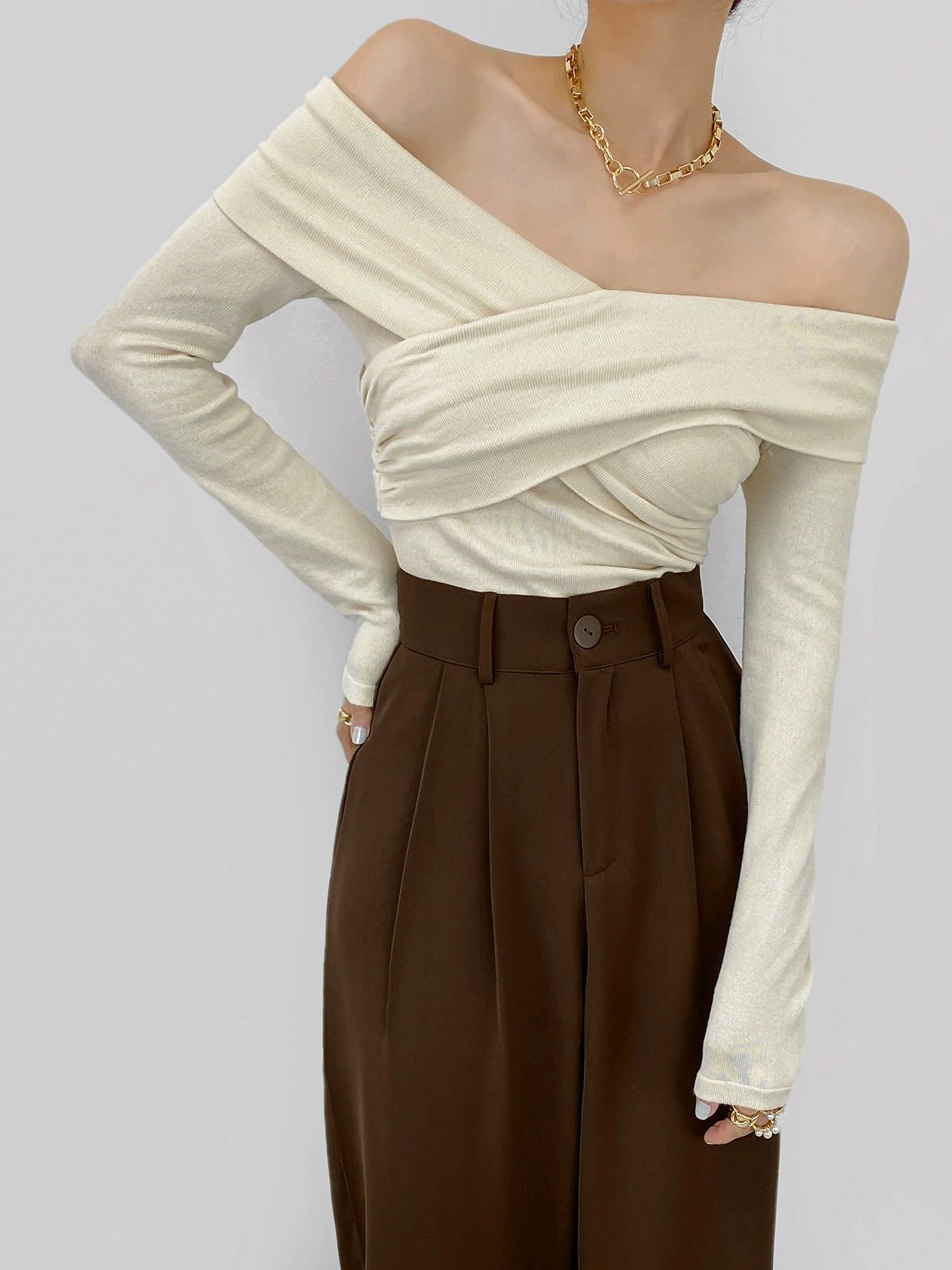 Cross Ruched V-neck off-Shoulder Long Sleeves Top