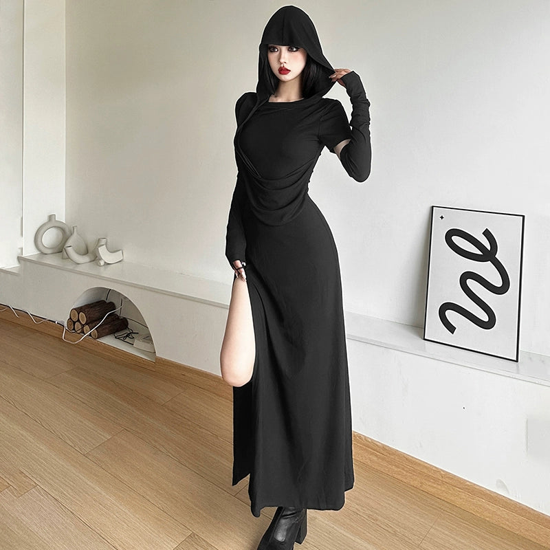 Dune Waste Soil Style Homemade Hooded Solid Color Bi Long Dress