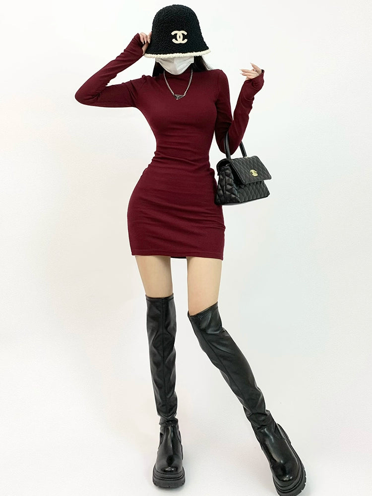 Slimming Wine Red Long Sleeve Short Dress