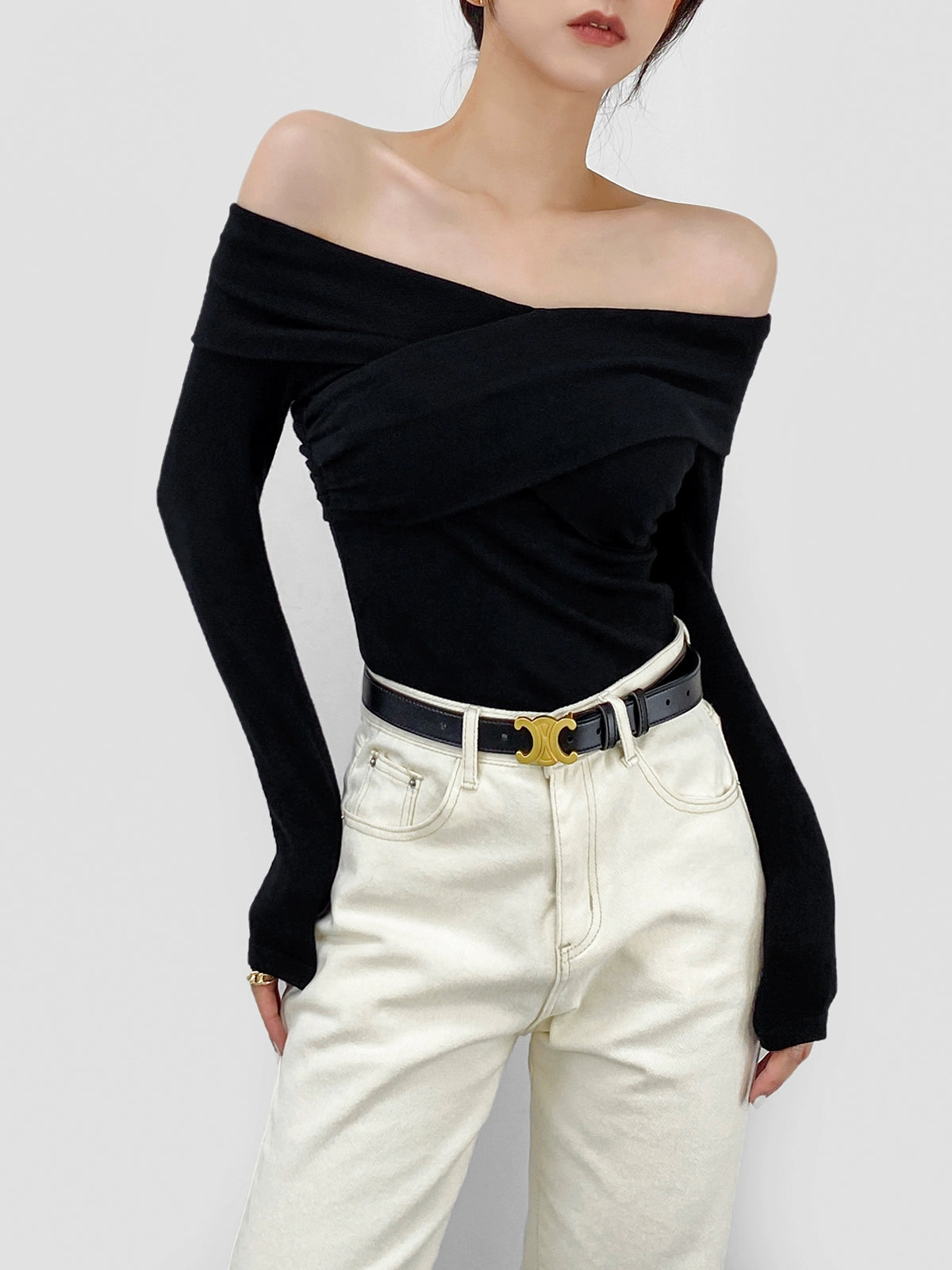 Cross Ruched V-neck off-Shoulder Long Sleeves Top