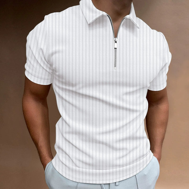 Fashion Zipper Striped Solid Color Polo Shirt