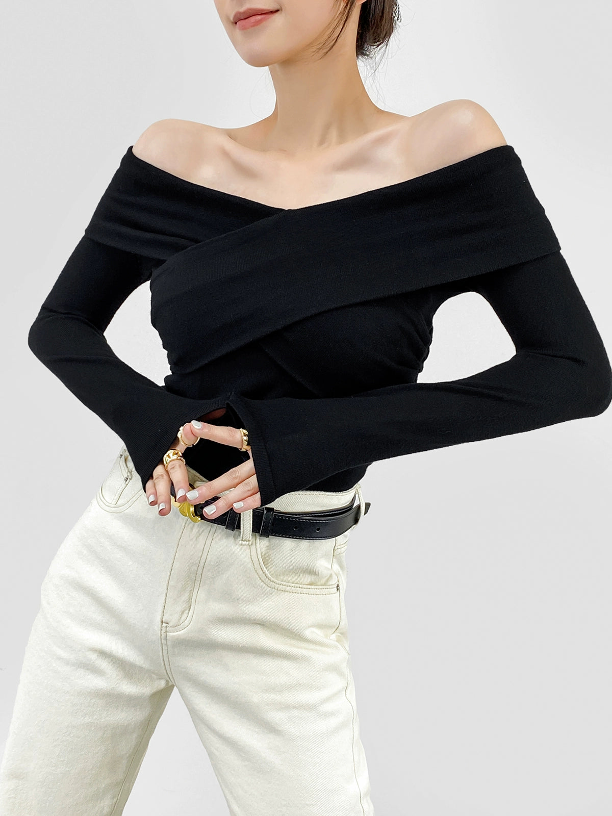 Cross Ruched V-neck off-Shoulder Long Sleeves Top