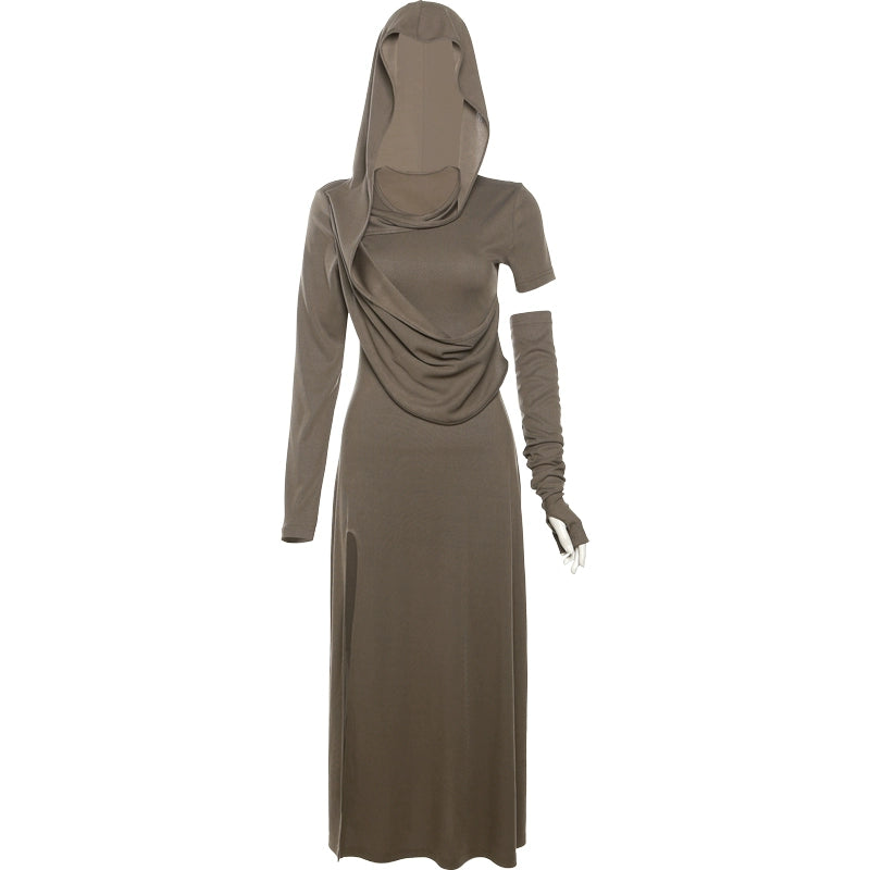 Dune Waste Soil Style Homemade Hooded Solid Color Bi Long Dress