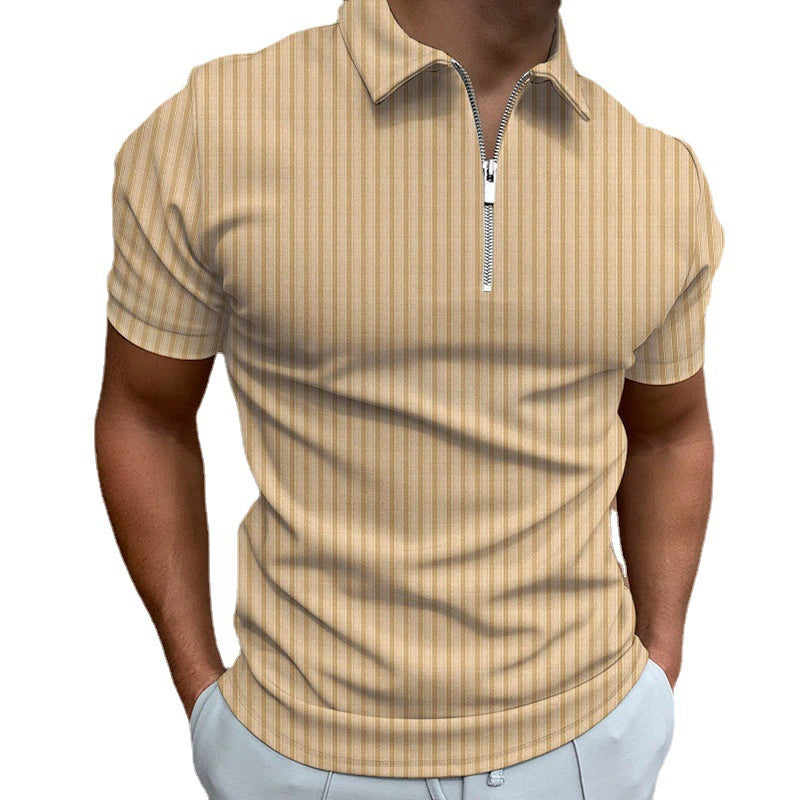 Fashion Zipper Striped Solid Color Polo Shirt