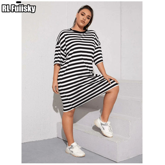 Plus Size Striped T-shirt Skirt