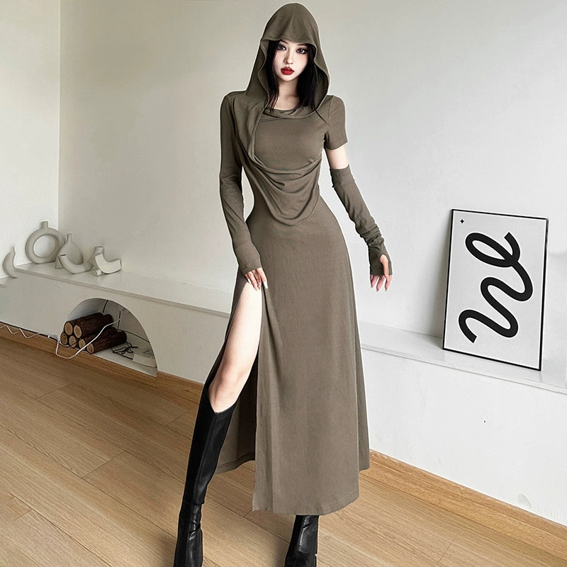 Dune Waste Soil Style Homemade Hooded Solid Color Bi Long Dress