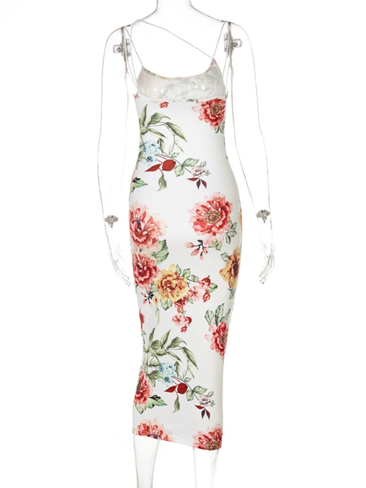 Vintage Floral Print Slim Bodycon Maxi Dress