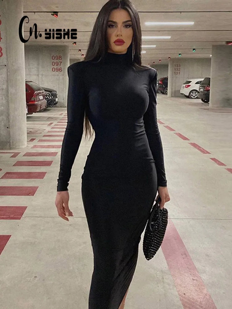 Turtleneck Black Sexy Bodycon Maxi Dress