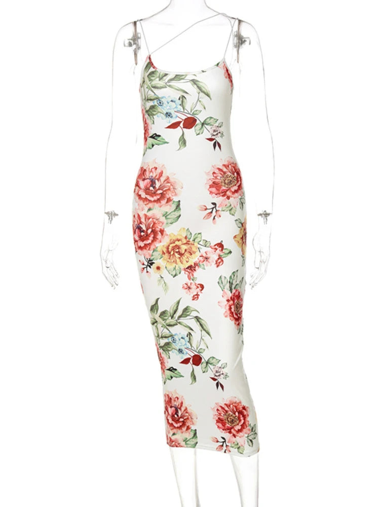 Vintage Floral Print Slim Bodycon Maxi Dress