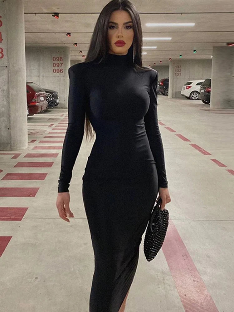 Turtleneck Black Sexy Bodycon Maxi Dress