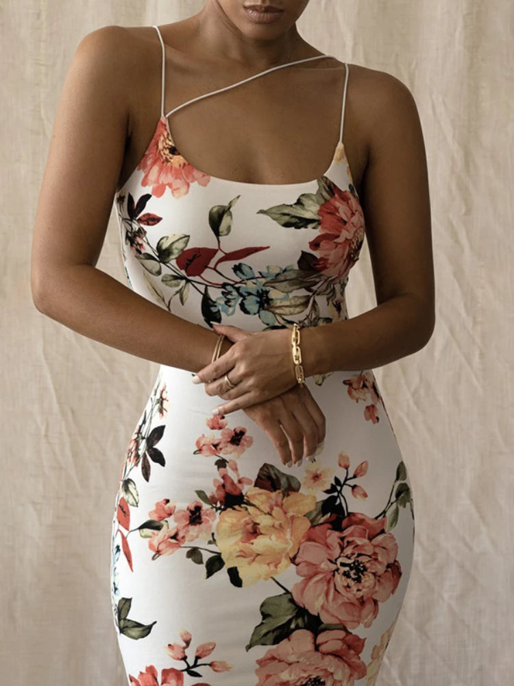 Vintage Floral Print Slim Bodycon Maxi Dress