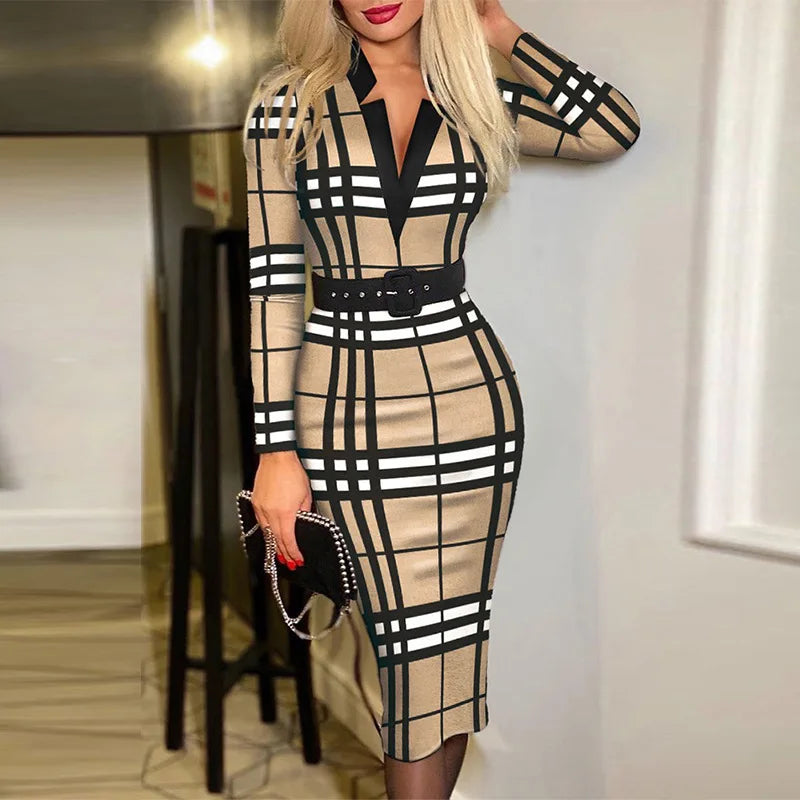 Long Sleeve V-neck High Waist Dress