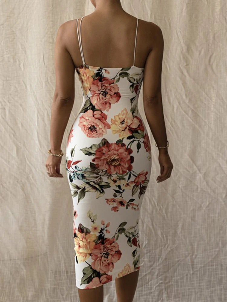 Vintage Floral Print Slim Bodycon Maxi Dress