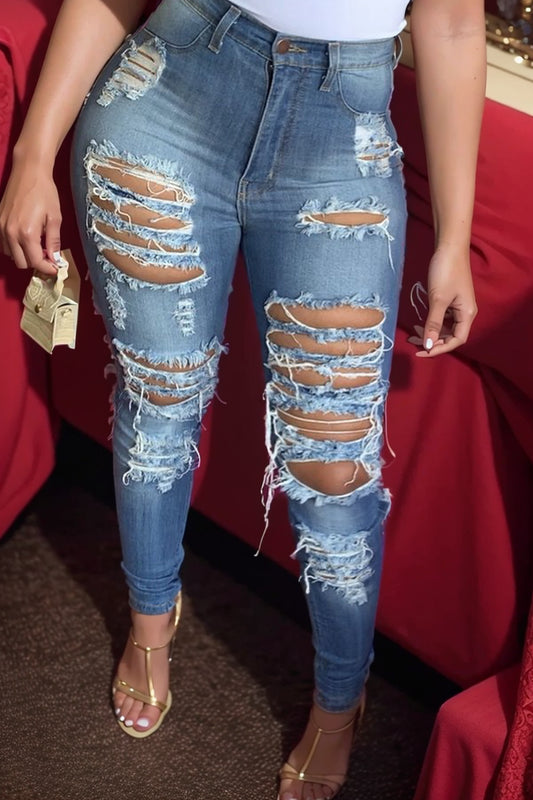 Women's High Waist Ripped Stretch Jeans