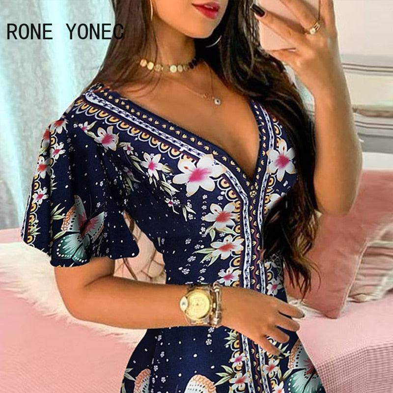 Elegant Floral Butterfly Print Ruffles Bodycon, Casual Mini Vacation Dress