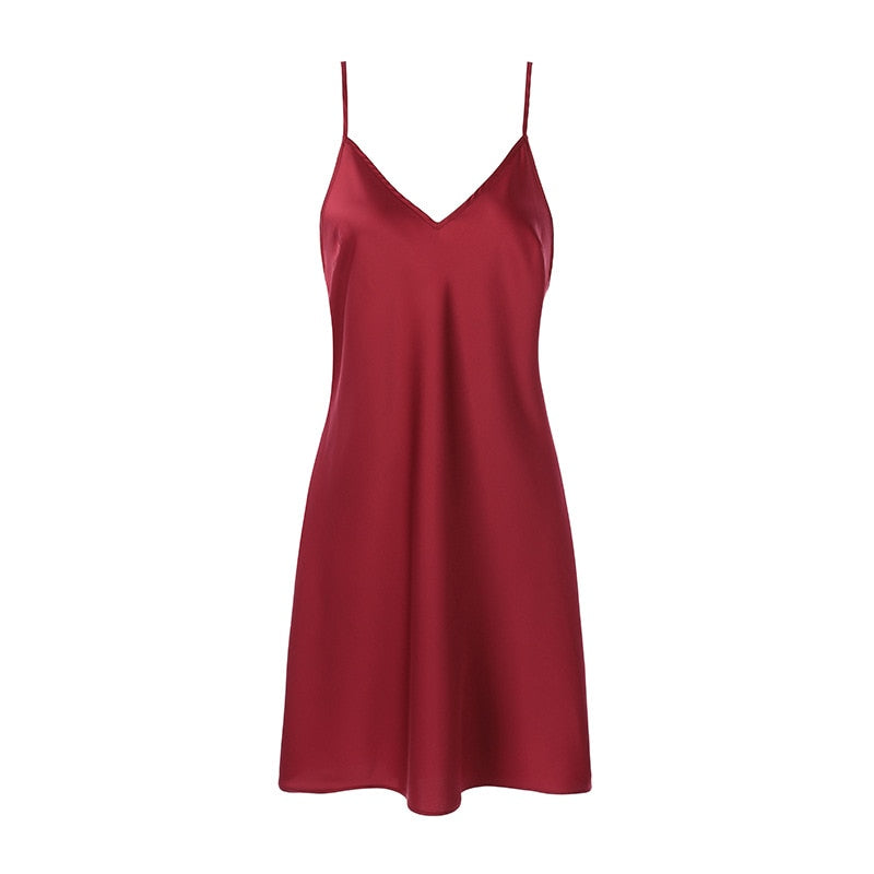 Sexy Solid Deep V Neck  Spaghetti Strap Sleeveless Nightgown