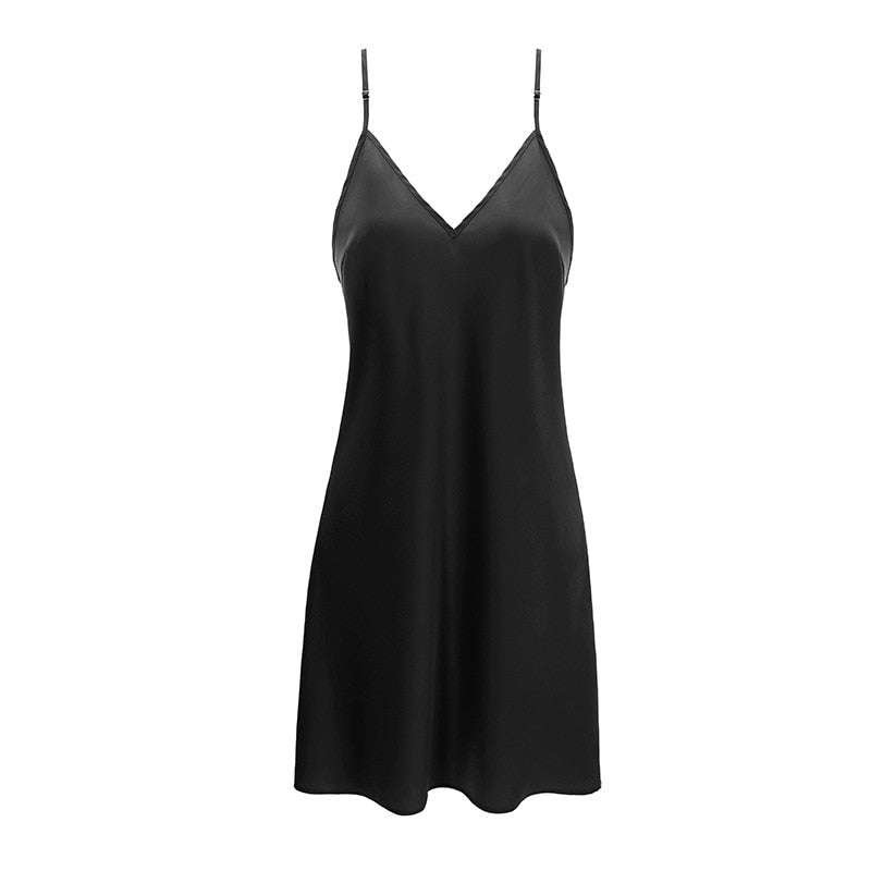 Sexy Solid Deep V Neck  Spaghetti Strap Sleeveless Nightgown