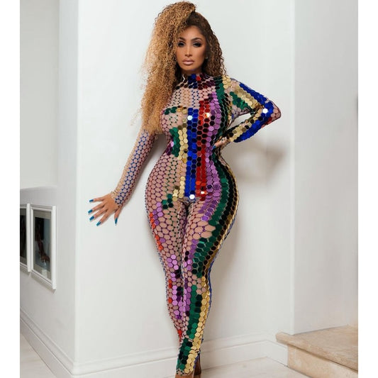 Shining Multi-Color Mirror Rhinestone Transparent Jumpsuit