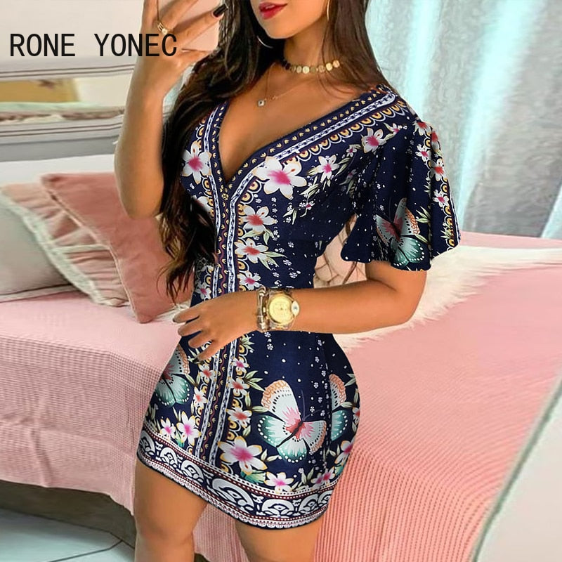 Elegant Floral Butterfly Print Ruffles Bodycon, Casual Mini Vacation Dress