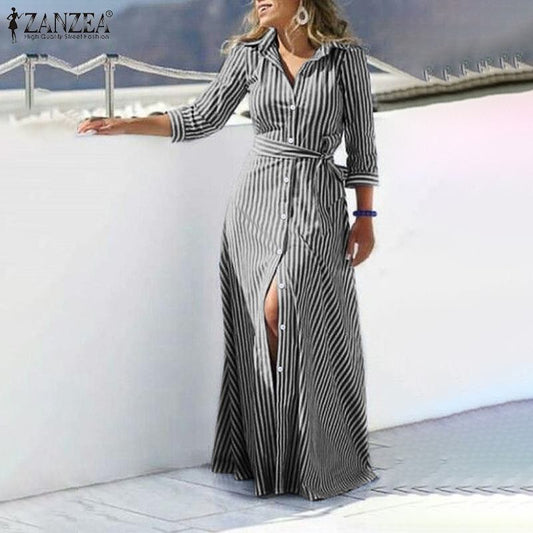 Long Sleeve Lapel Neck Striped Dress