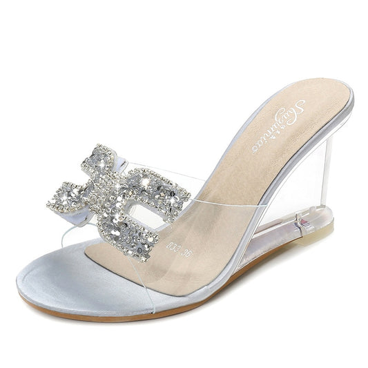 Rhinestone Transparent Heel Wedges Slip On Shoe