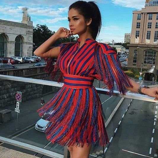 Short Sleeve Tassel Stripe Mini Dress