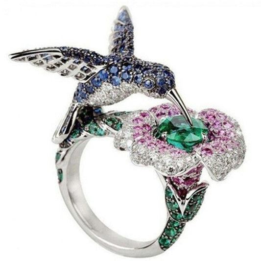 Silver Plated Crystal Rhinestones Bird Flower Ring