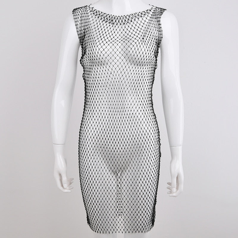 Crystal Diamonds Rhinestone Sleeveless Mini Bodycon Fishnet Dress