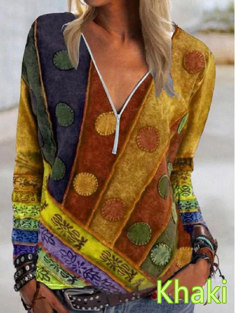 Vintage Printed Zipper V-neck Long Sleeve T-shirt