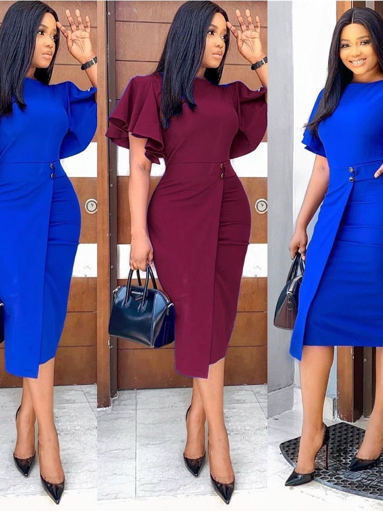 Elegant Bodycon Flare Sleeves Knee Length Dress