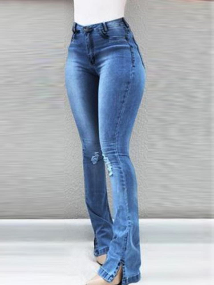 High Waist Ripped Bell-Bottom Jeans