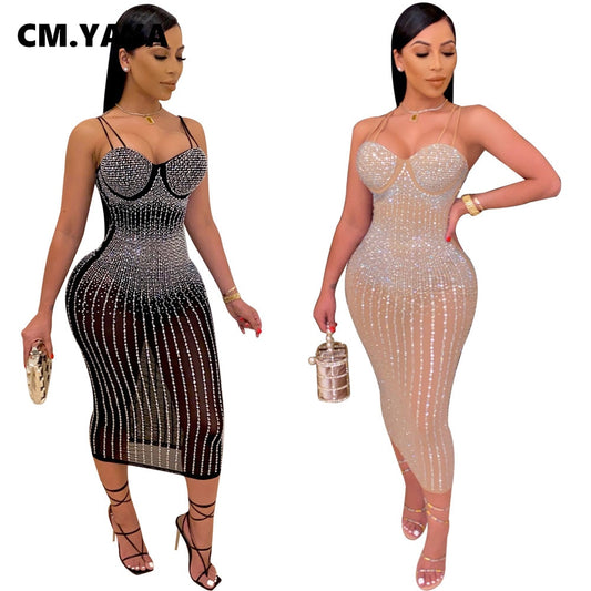 Mesh See Though Hot Rhinestones Plunging V-neck Midi Bodycon dress