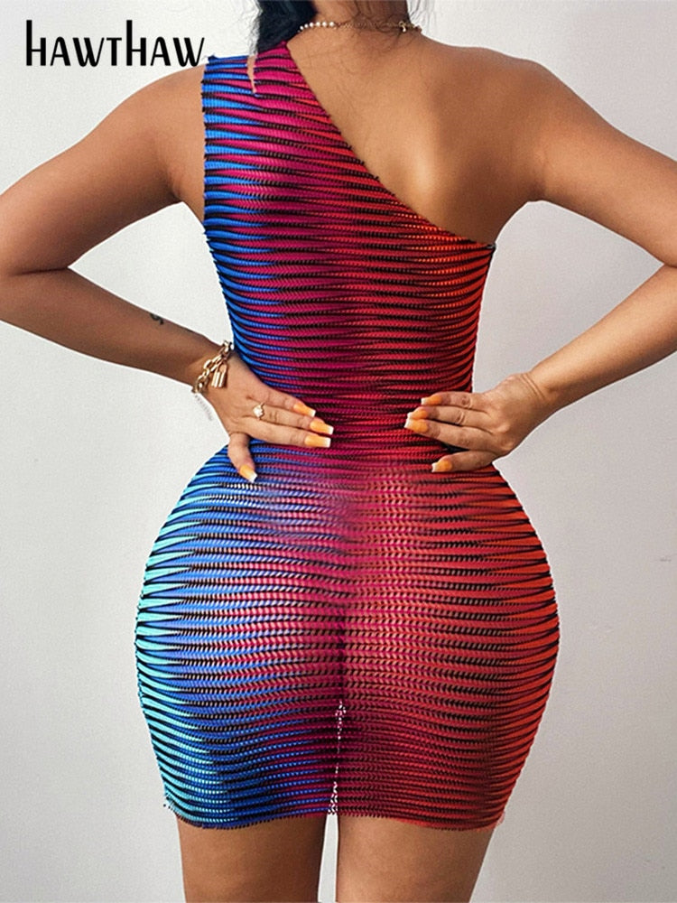 Sexy Sleeveless One Shoulder See Through Bodycon Dress