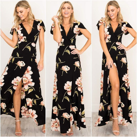 Short Sleeved Long Dress V-neck Split Print Fashion Retro Party Wedding