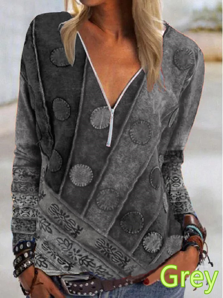 Vintage Printed Zipper V-neck Long Sleeve T-shirt