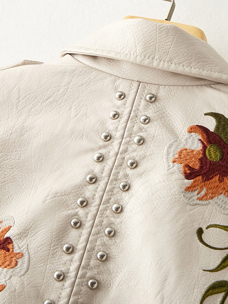 Retro Floral Print Embroidery Faux Soft Leather Jacket